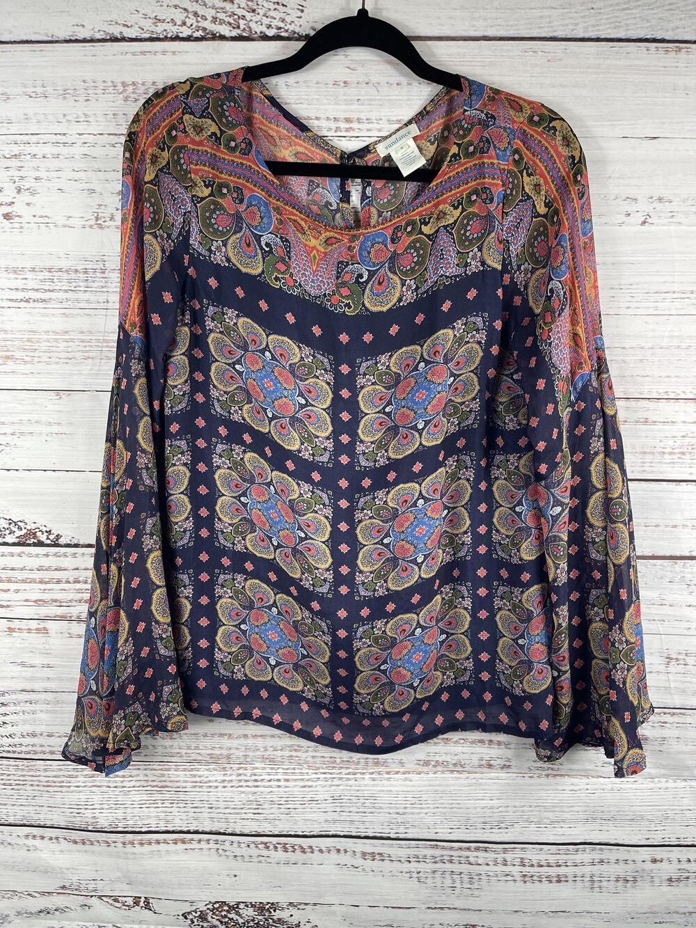 Sundance Blouse Women's SZ Small Blue Paisley Sheer Bell Sleeve Lined Boho Top